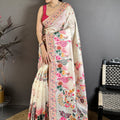 Off White Satin Silk Saree Multicolor Floral Print Designer Border