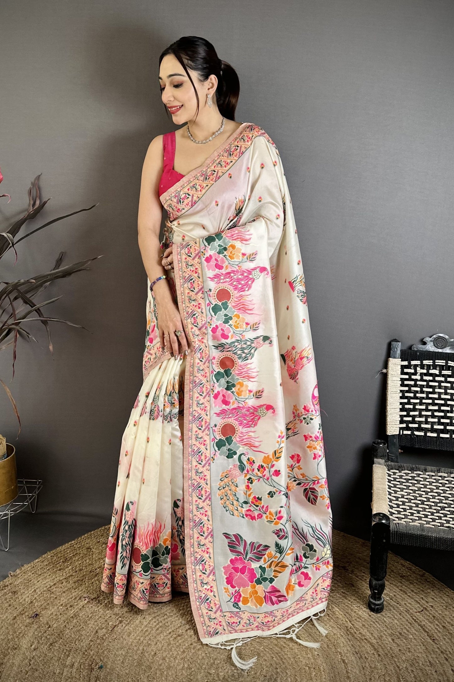 Off White Satin Silk Saree Multicolor Floral Print Designer Border