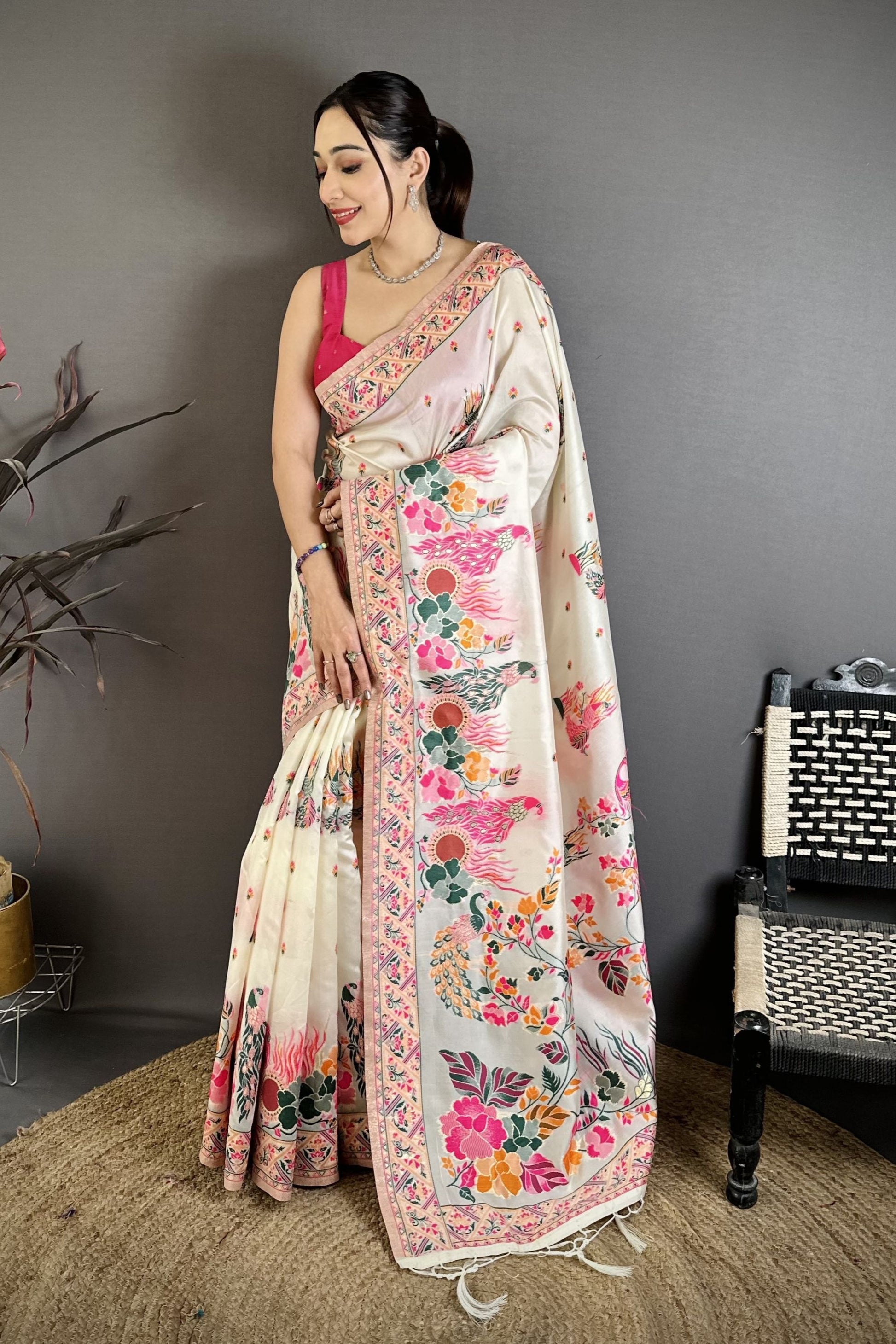 Off White Satin Silk Saree Multicolor Floral Print Designer Border
