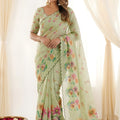 Pistachio Green Floral Printed Linen Cotton Saree Scalloped Border