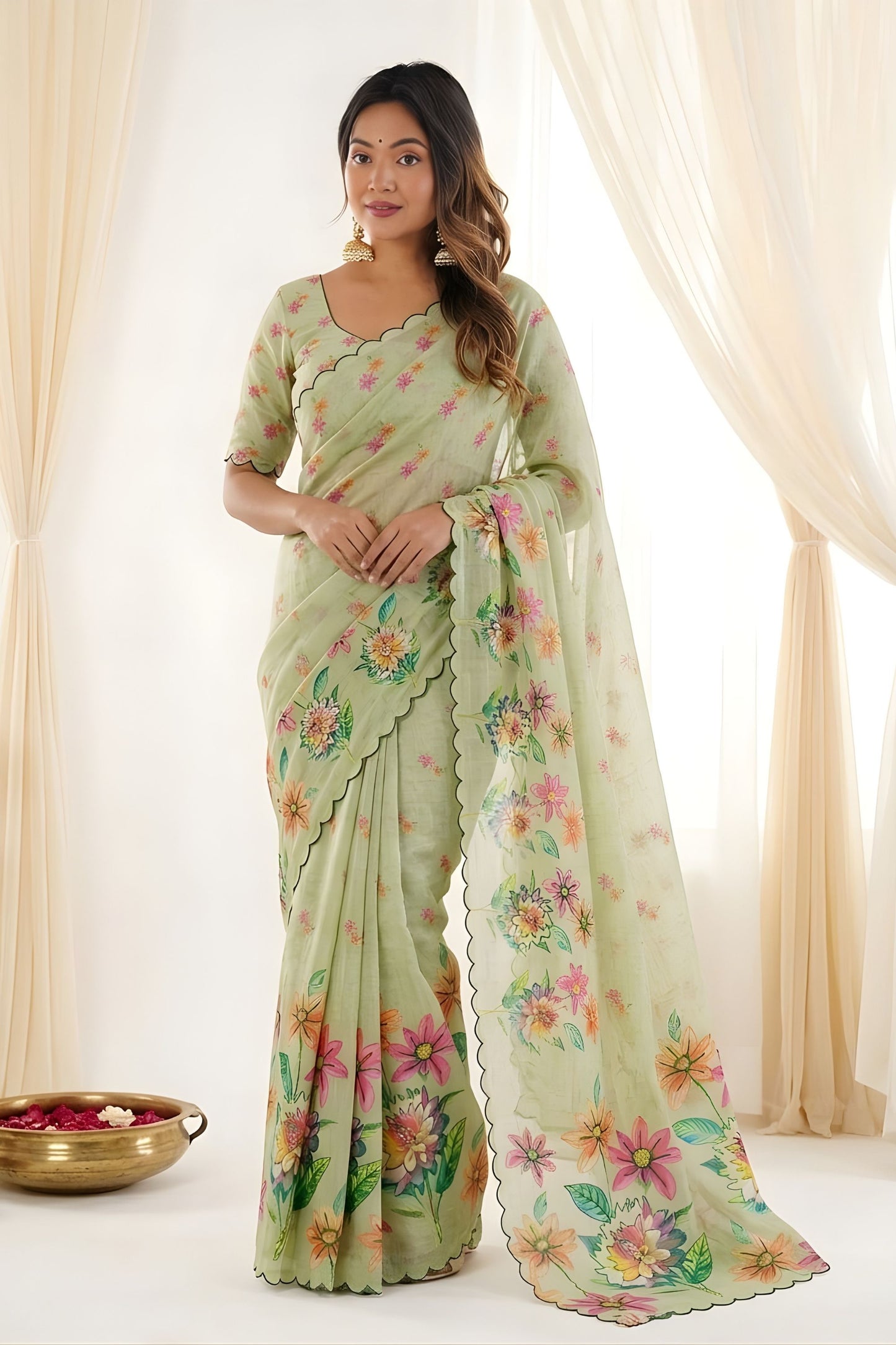 Pistachio Green Floral Printed Linen Cotton Saree Scalloped Border