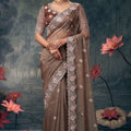 Chocolate Brown Designer Saree with Floral Embroidered Lace Border