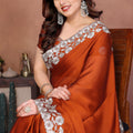 Rust Orange Satin Silk Saree Heavy Floral Embroidered Border Designer Blouse
