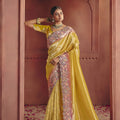 Mustard Yellow Silk Saree with Pink Embroidered Border Designer Blouse