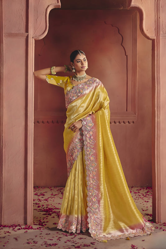 Mustard Yellow Silk Saree with Pink Embroidered Border Designer Blouse