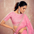 Pink Georgette Saree Golden Embroidered Border Designer Blouse