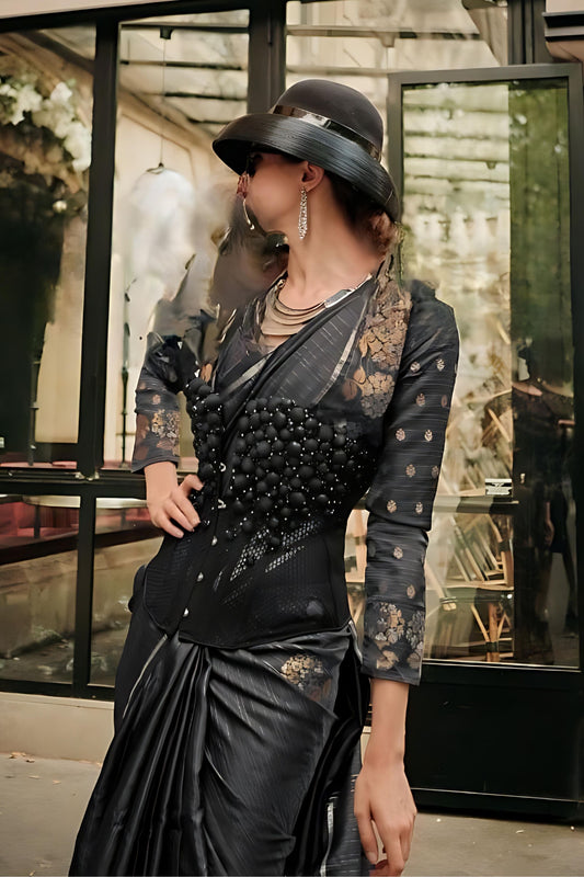 Black Banarasi Silk Saree Golden Zari Weaving Tassel Pallu