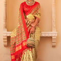 Cream Red Patola Print Silk Saree Traditional Gujarati Designer Border