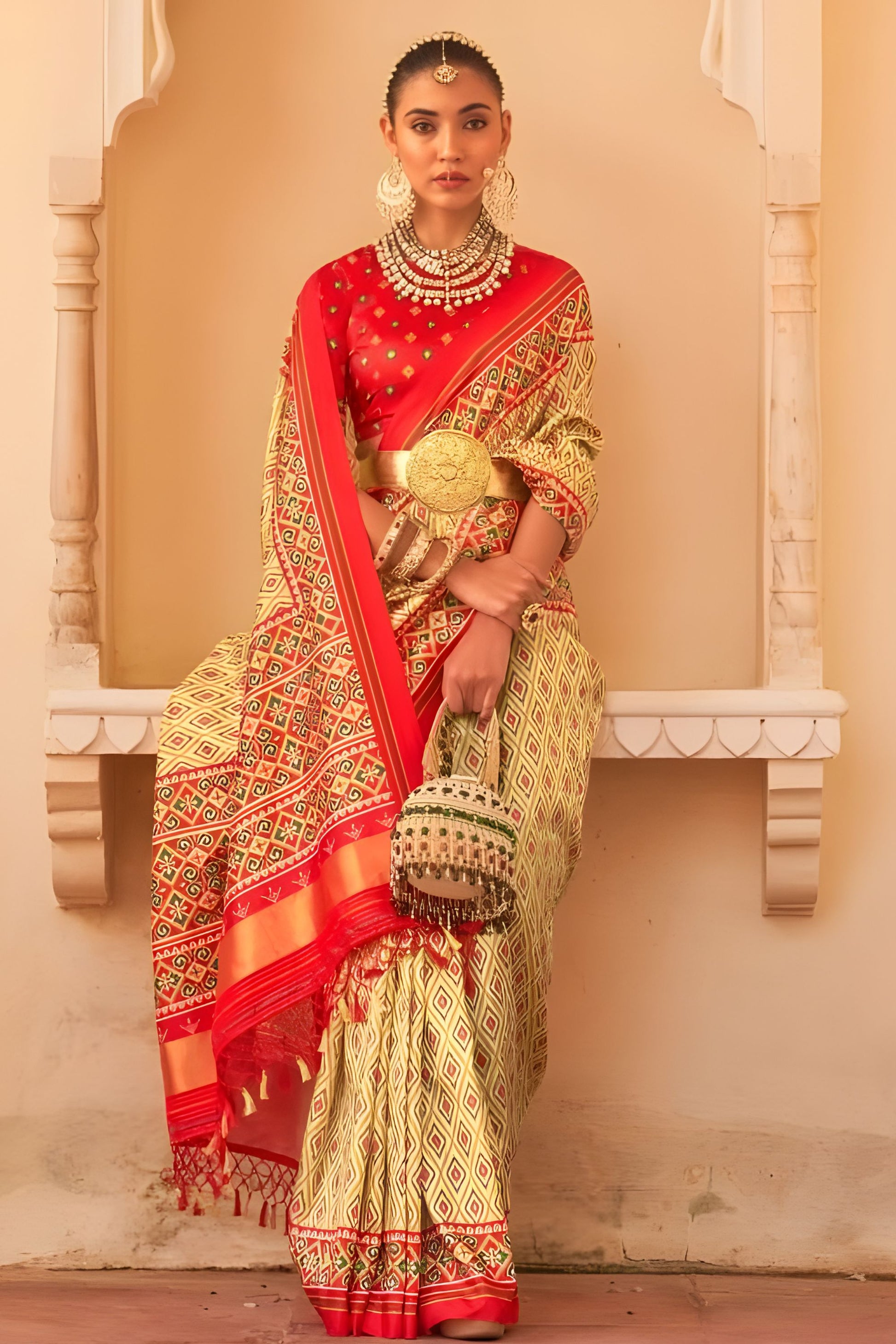 Cream Red Patola Print Silk Saree Traditional Gujarati Designer Border