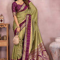 Olive Green Banarasi Silk Saree  Purple Zari Woven Border Rich Pallu