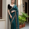 Teal Green Organza Saree Designer Embroidered Border Sleeveless Blouse