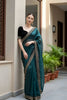 Teal Green Organza Saree Designer Embroidered Border Sleeveless Blouse