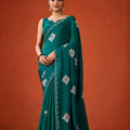 Teal Green Embroidered Georgette Saree Floral Motifs Designer Border
