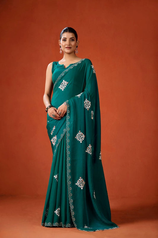 Teal Green Embroidered Georgette Saree Floral Motifs Designer Border