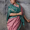 Pink Banarasi Silk Saree with Teal Green Zari Border Traditional Saree
