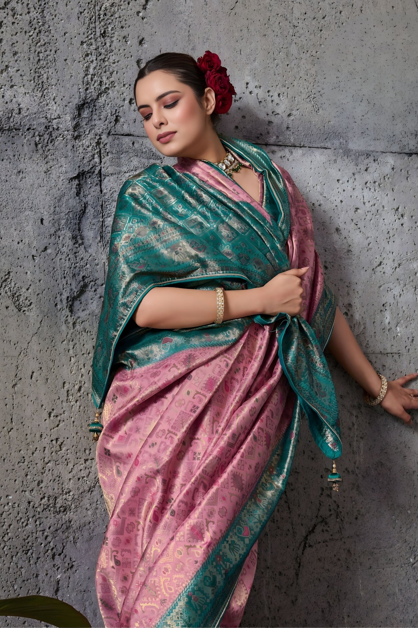 Pink Banarasi Silk Saree with Teal Green Zari Border Traditional Saree