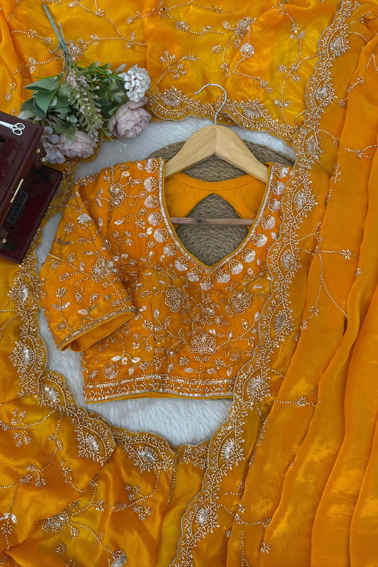 Royal Orange Heavy Embroidered Designer Saree Party Wear