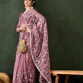 Mauve Embroidered Net Saree Thread Work Border Party Wear Saree