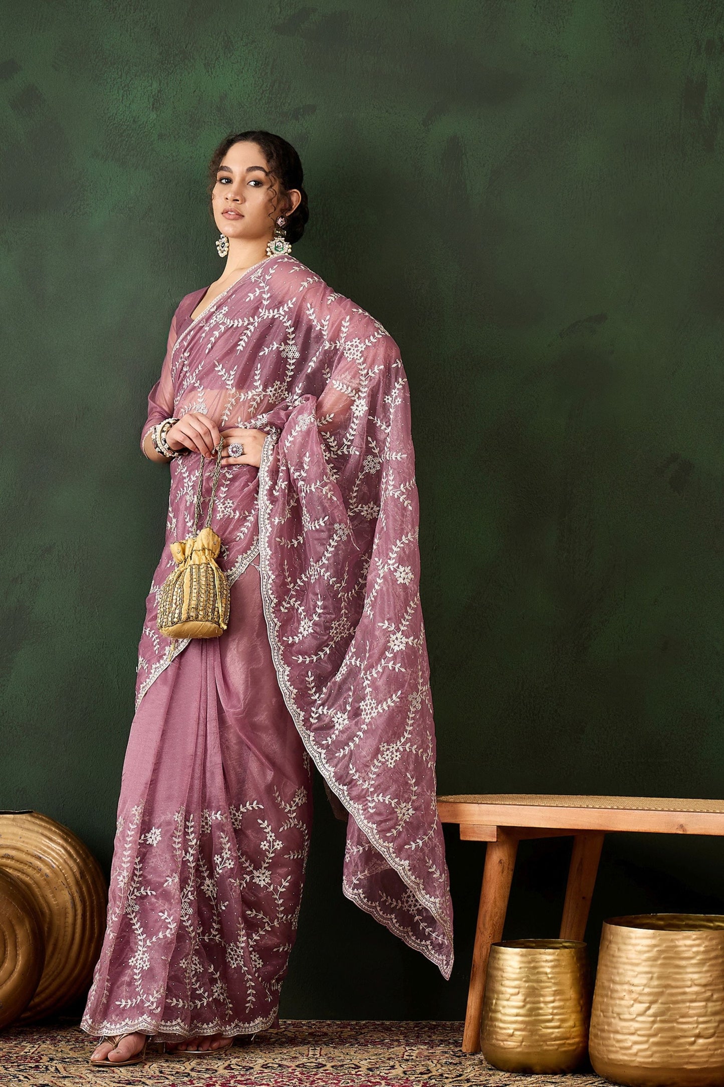 Mauve Embroidered Net Saree Thread Work Border Party Wear Saree
