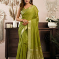 Olive Green Silk Saree with Golden Zari Border Designer Saree