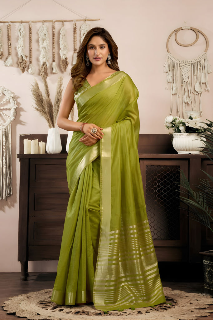 Olive Green Silk Saree with Golden Zari Border Designer Saree
