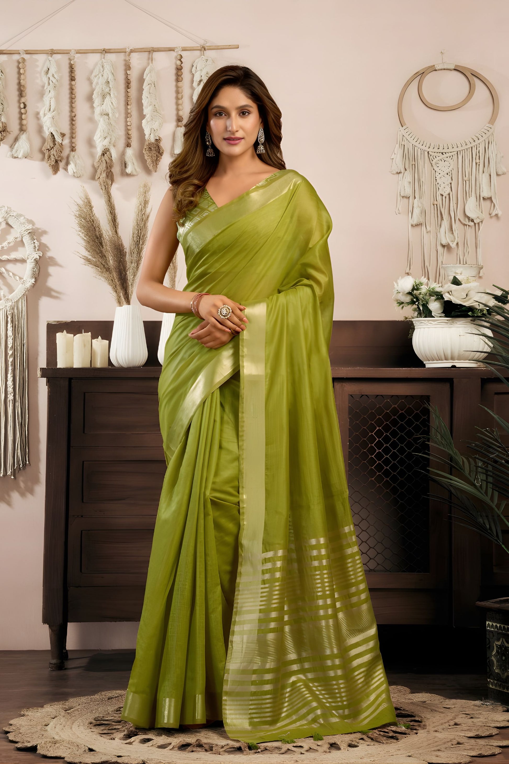 Olive Green Silk Saree with Golden Zari Border Designer Saree