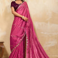 Hot Pink Silk Blend Saree with Golden Zari Embroidery Designer Blouse