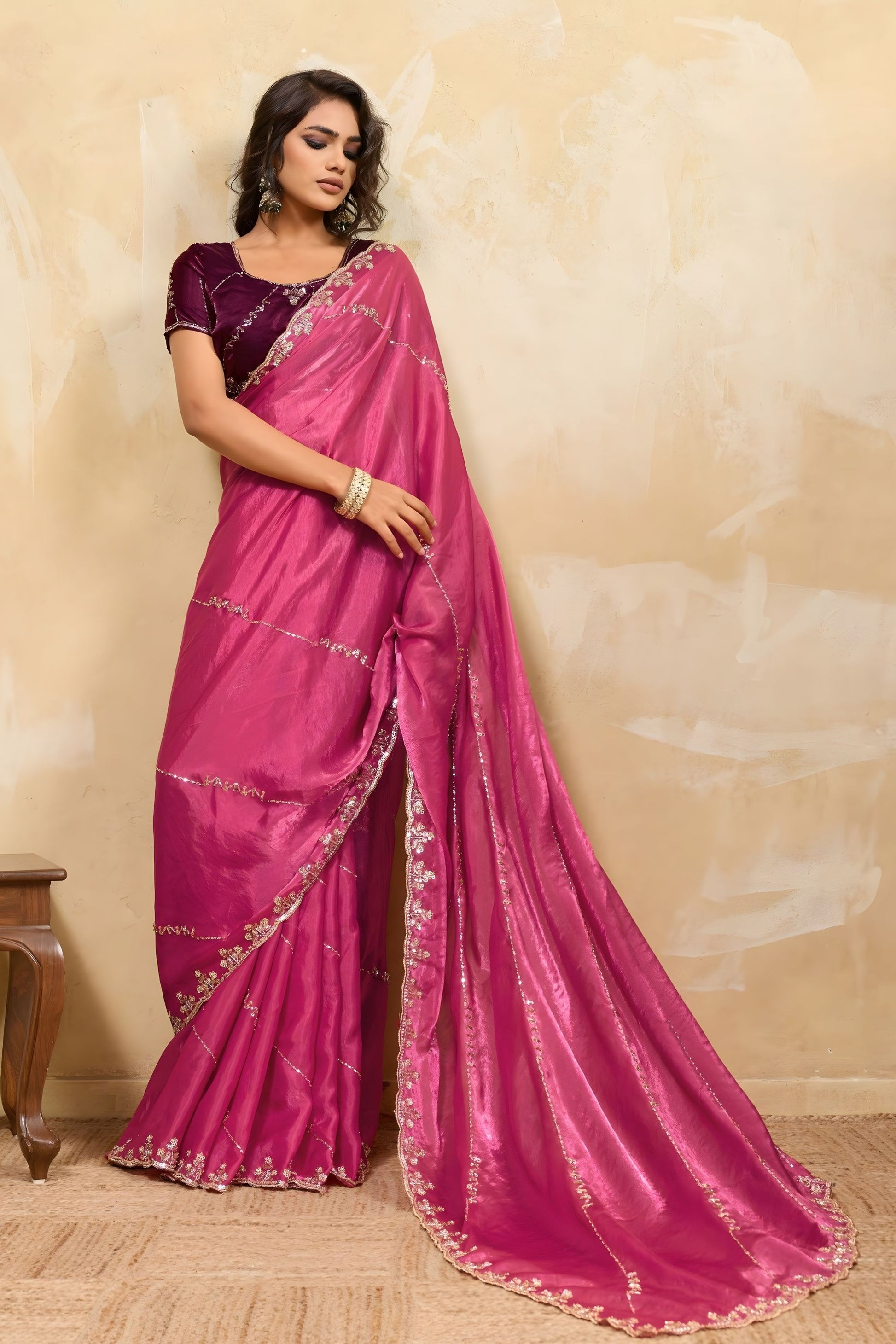 Hot Pink Silk Blend Saree with Golden Zari Embroidery Designer Blouse