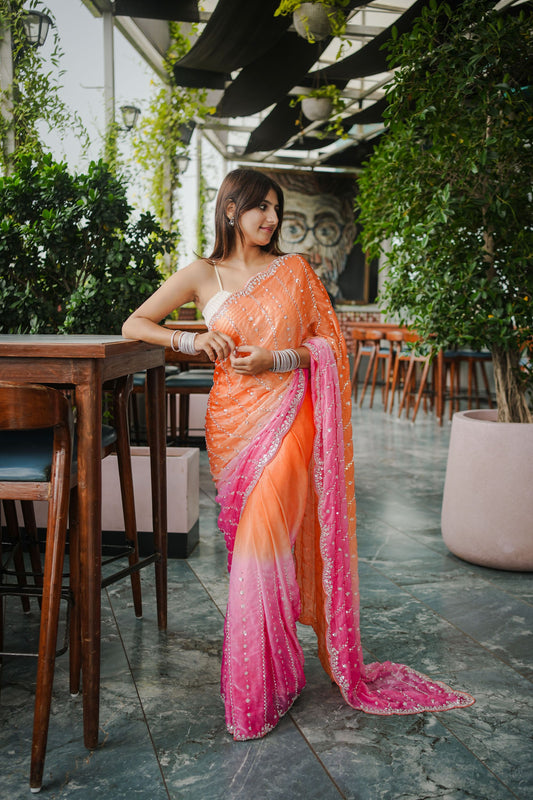 Orange Pink Ombre Sequins Saree Pink Border Designer Party Wear