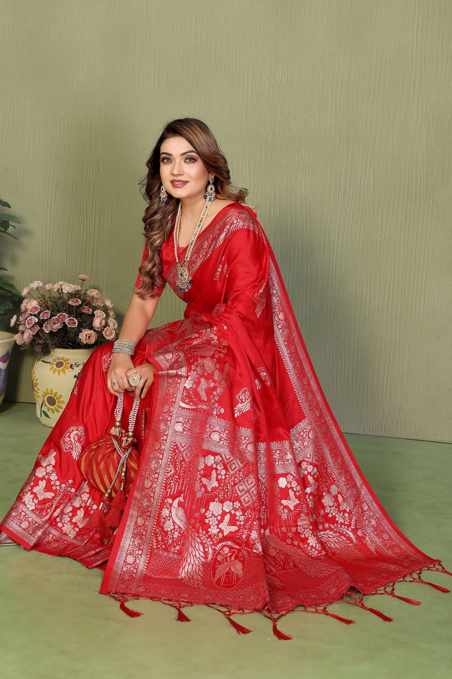 Bridal Red Banarasi Silk Saree with Rich Zari Weaving Blouse Piece