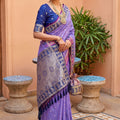 Purple Silk Saree with Blue Contrast Border Zari Weaving Festive Wear