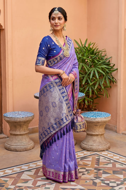 Purple Silk Saree with Blue Contrast Border Zari Weaving Festive Wear