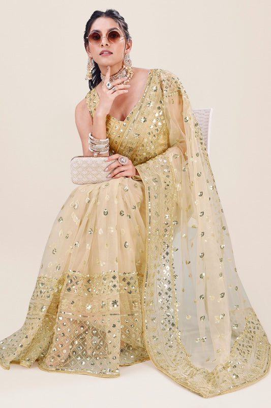 Cream Gold Net Saree Heavy Sequins Embroidery Work Designer Blouse