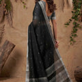 Black Cotton Linen Saree with Silver Zari Border Traditional Handloom Saree