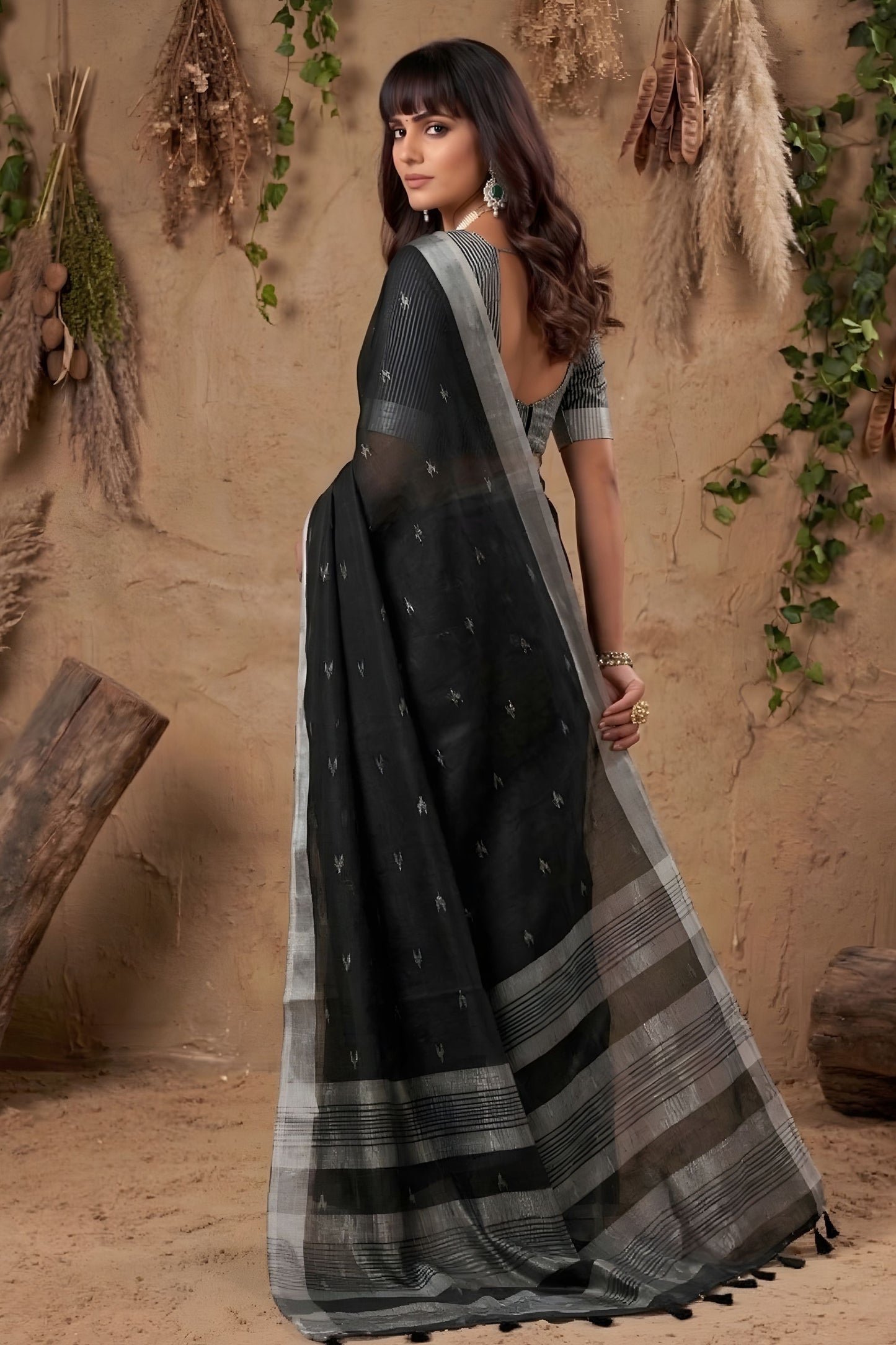 Black Cotton Linen Saree with Silver Zari Border Traditional Handloom Saree