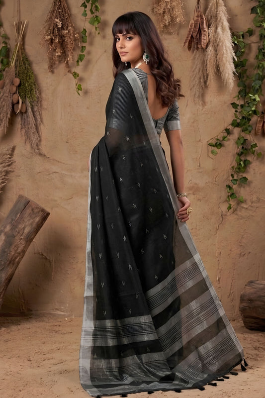 Black Cotton Linen Saree with Silver Zari Border Traditional Handloom Saree