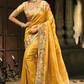 Mustard Yellow Silk Saree Floral Zari Embroidery Designer Blouse 