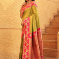Olive Green Silk Saree with Pink Contrast Border Floral Zari Work