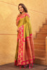 Olive Green Silk Saree with Pink Contrast Border Floral Zari Work