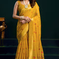 Mustard Yellow Soft Silk Saree with Floral Embroidery Gold Zari Border 
