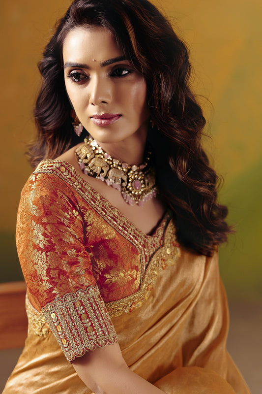 Golden Silk Saree with Embroidered Border Readymade Blouse