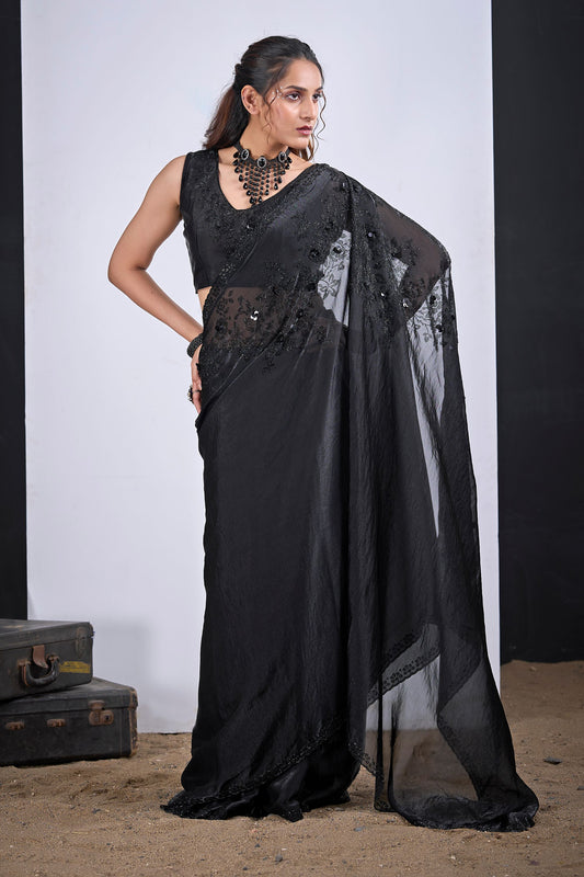Black Organza Saree with Floral Embroidery Designer Saree