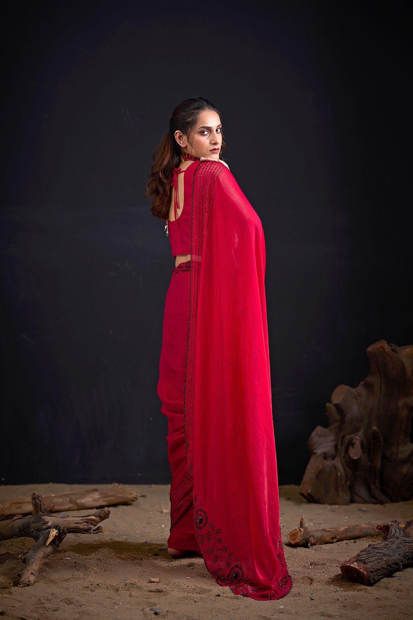 Rani Pink Embroidered Silk Saree with Designer Blouse