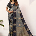 Grey Black Banarasi Silk Saree Antique Gold Zari Motifs Woven Pallu
