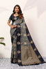 Grey Black Banarasi Silk Saree Antique Gold Zari Motifs Woven Pallu