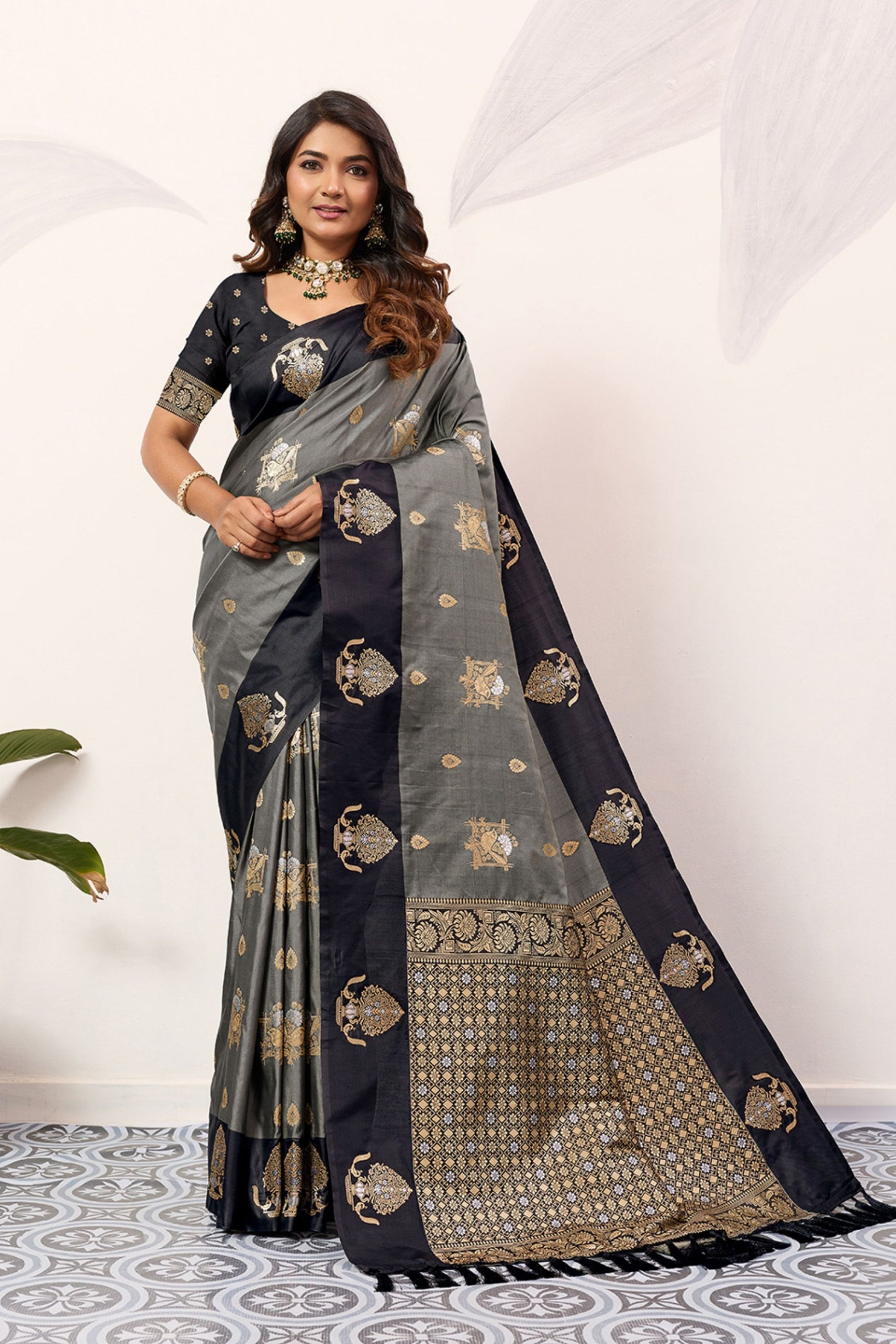 Grey Black Banarasi Silk Saree Antique Gold Zari Motifs Woven Pallu