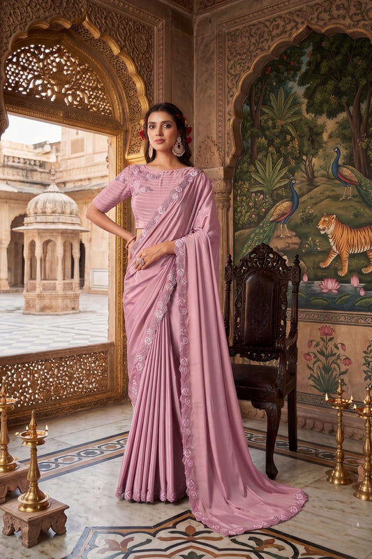 Dusty Rose Pink Saree with Embroidered Designer Border and Blouse
