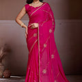 Rani Pink Embroidered Chiffon Saree with Zari Border Party Wear