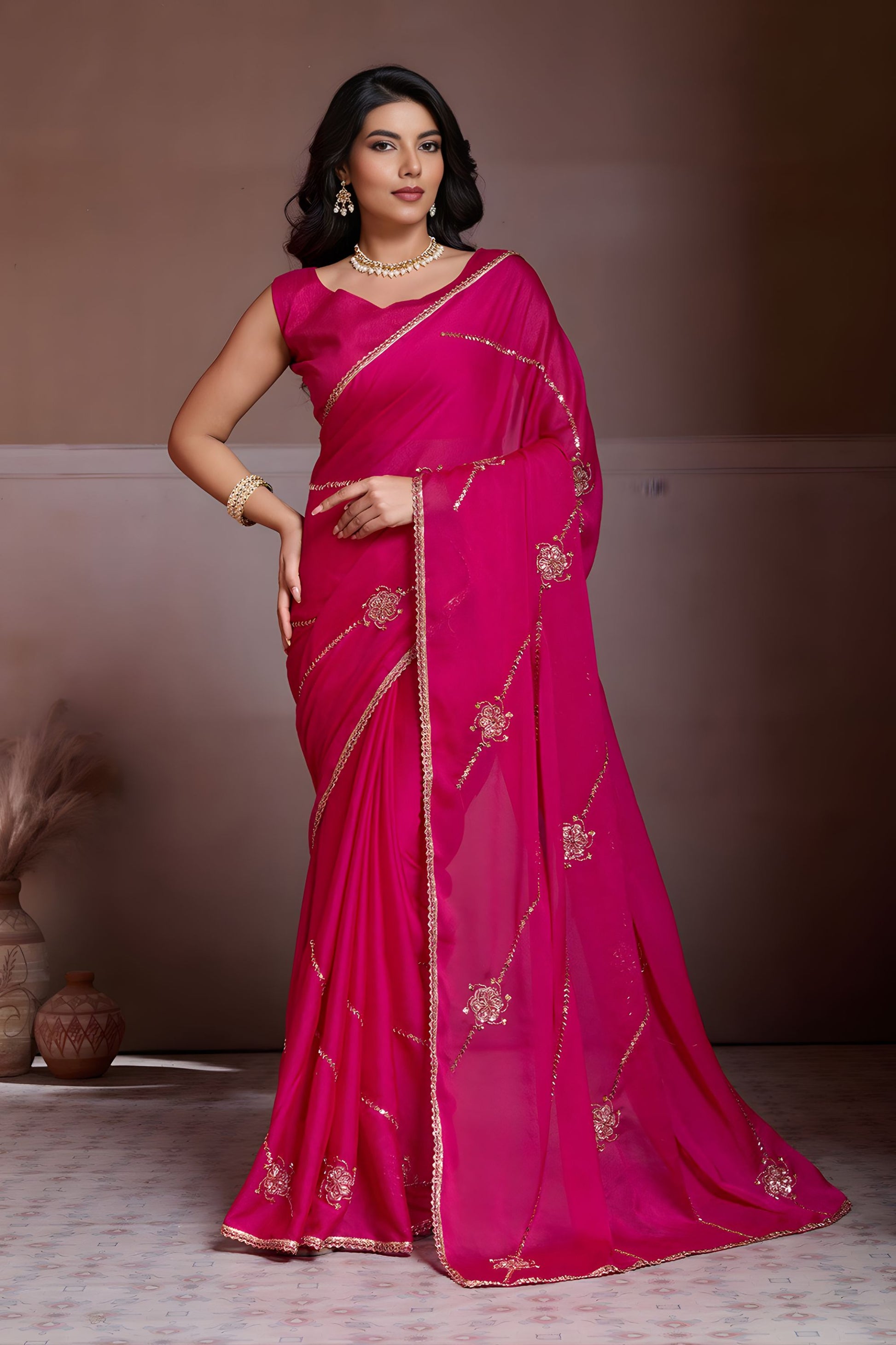 Rani Pink Embroidered Chiffon Saree with Zari Border Party Wear