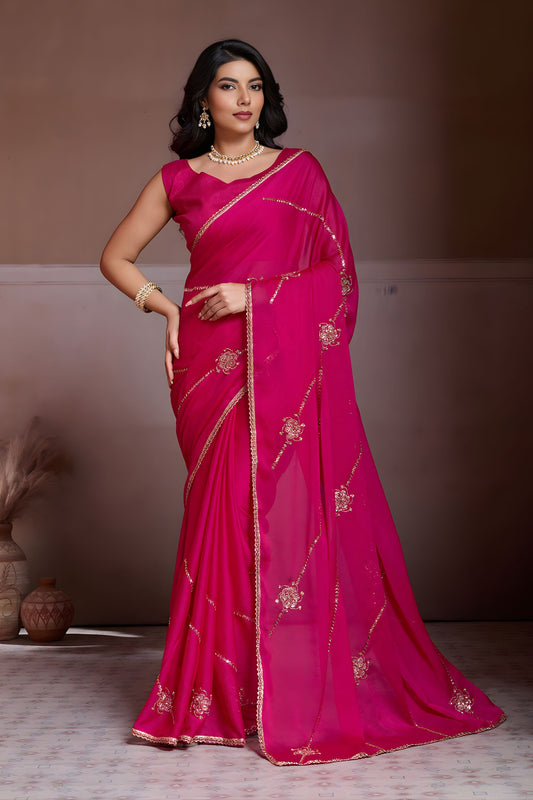 Rani Pink Embroidered Chiffon Saree with Zari Border Party Wear